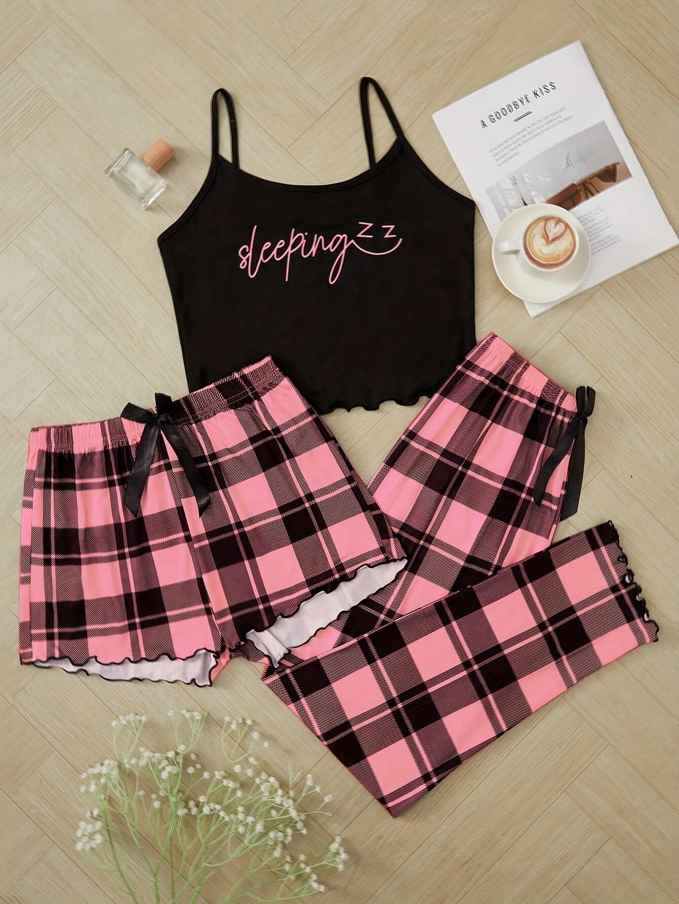 Women'S Pajama Set with Plaid Print and Motivational Quote